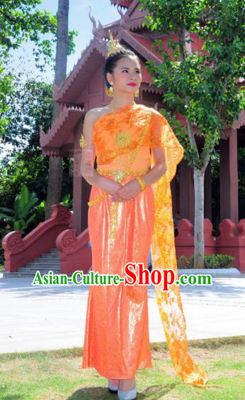 Asian Traditional Thailand Costumes National Handmade Embroidered Orange Dress for Women