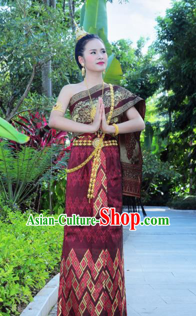 Asian Traditional Thailand Costumes National Handmade Embroidered Wine Red Dress for Women