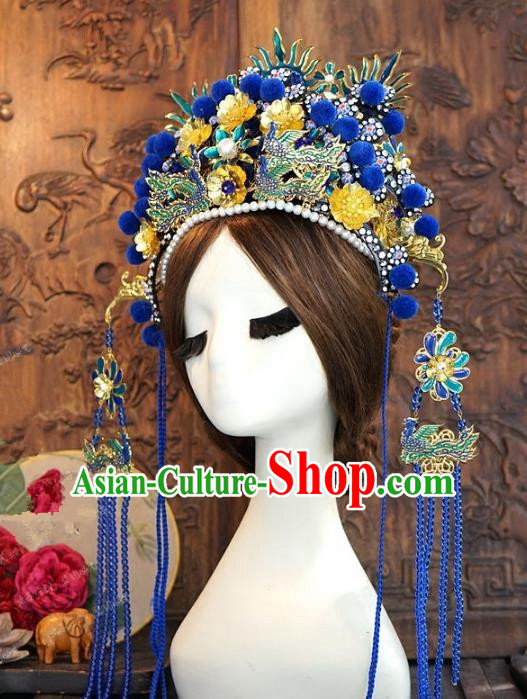 Chinese Handmade Classical Hairpins Hair Accessories Ancient Blue Tassel Phoenix Coronet for Women