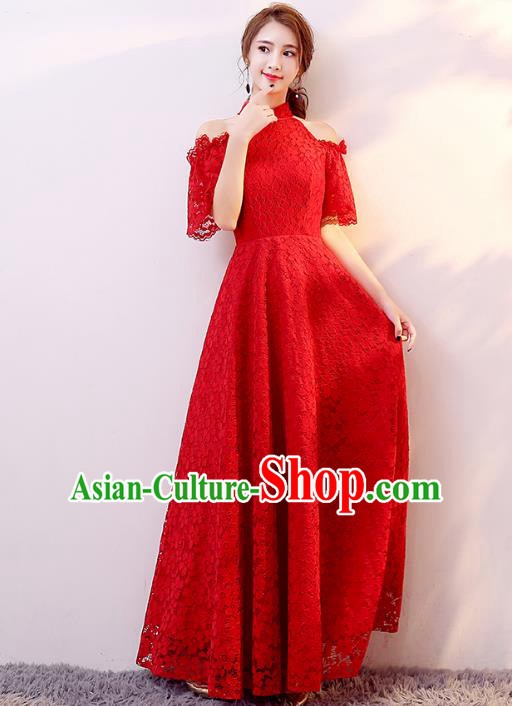 Professional Modern Dance Costume Chorus Group Clothing Bride Toast Red Lace Full Dress for Women