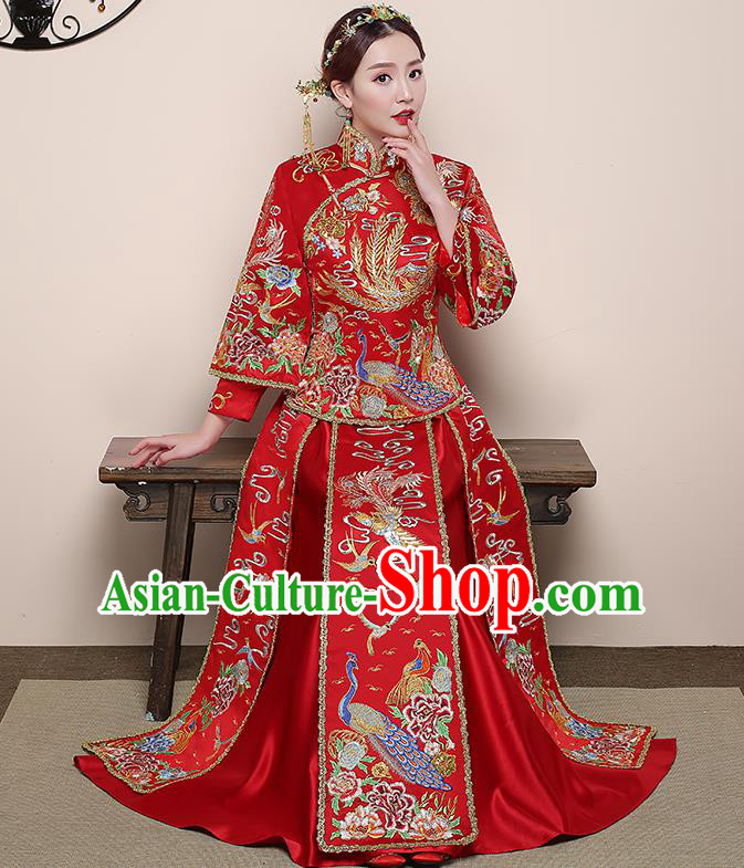 Traditional Chinese Wedding Costume Ancient Bride Delicate Embroidered Red Xiuhe Suit Clothing for Women