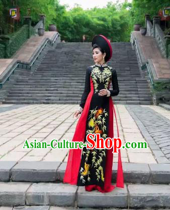 Asian Vietnam Costume Vietnamese Trational Dress Black Ao Dai Cheongsam Clothing for Women