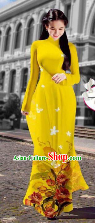 Asian Vietnam Costume Vietnamese Trational Dress Printing Yellow Ao Dai Cheongsam Clothing for Women