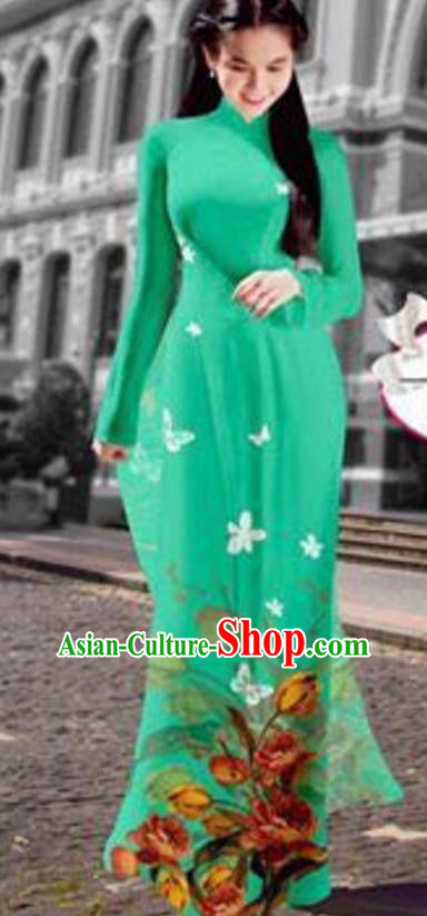 Asian Vietnam Costume Vietnamese Trational Dress Printing Green Ao Dai Cheongsam Clothing for Women