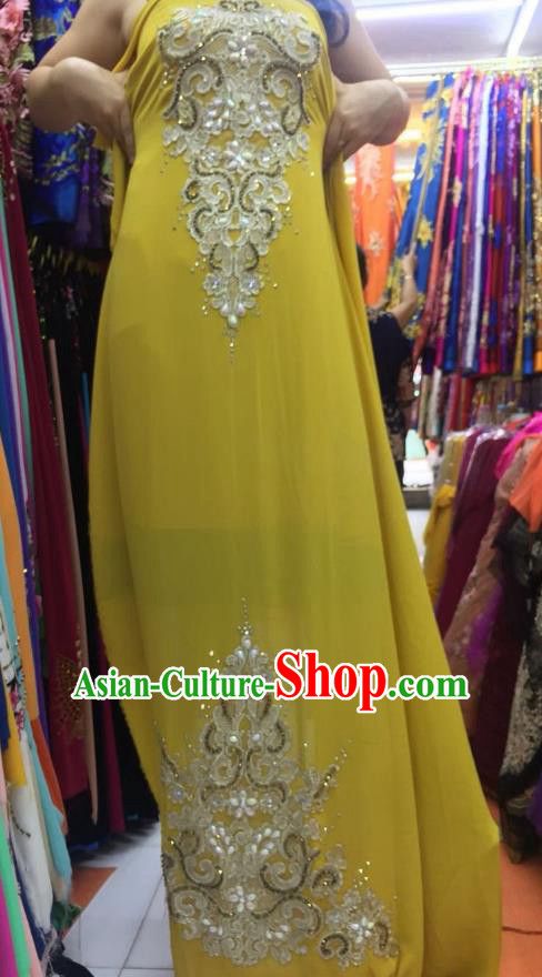 Asian Vietnam Costume Vietnamese Trational Dress Yellow Embroidered Ao Dai Cheongsam Clothing for Women
