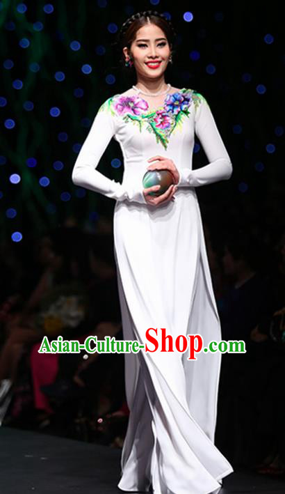 Asian Vietnam Costume Vietnamese Trational Dress Printing Flowers White Ao Dai Cheongsam Clothing for Women