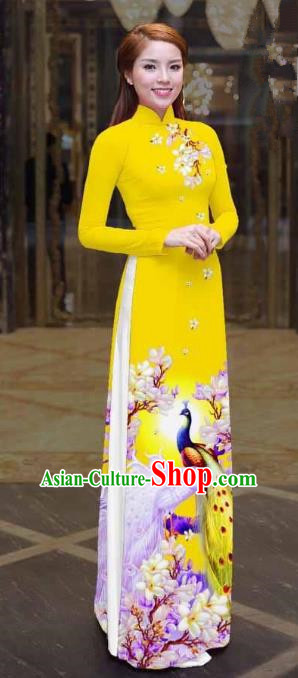 Asian Vietnam Palace Costume Vietnamese Trational Dress Printing Peacock Yellow Ao Dai Cheongsam Clothing for Women