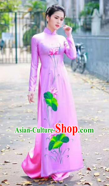 Asian Vietnam National Costume Vietnamese Trational Dress Printing Bamboo Black  Ao Dai Cheongsam for Women