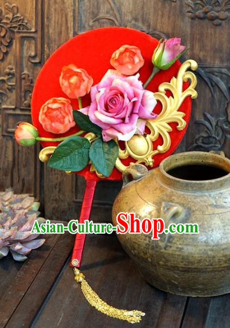 Chinese Handmade Classical Stage Performance Red Fans Ancient Palace Lady Wedding Round Fans for Women