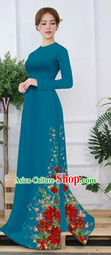 Asian Vietnam Palace Costume Vietnamese Trational Dress Printing Peacock Green Ao Dai Cheongsam Clothing for Women