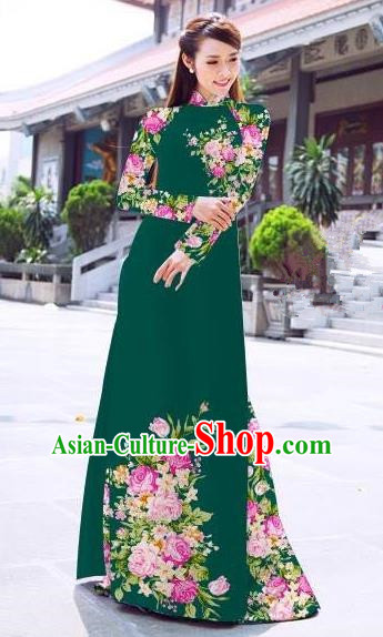 Asian Vietnam Palace Costume Vietnamese Trational Dress Printing Green Ao Dai Cheongsam Clothing for Women