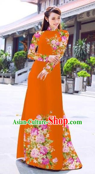 Asian Vietnam Palace Costume Vietnamese Trational Dress Printing Rose Orange Ao Dai Cheongsam Clothing for Women