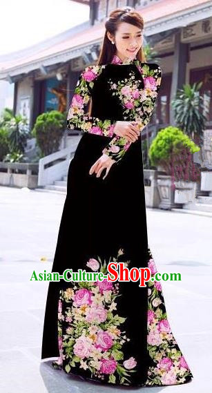Ao Dai Vietnam - Black Floral Ao Dai w/ Pants (Sizes Available)