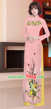 Asian Vietnam National Costume Vietnamese Trational Dress Printing Light Pink Ao Dai Cheongsam for Women