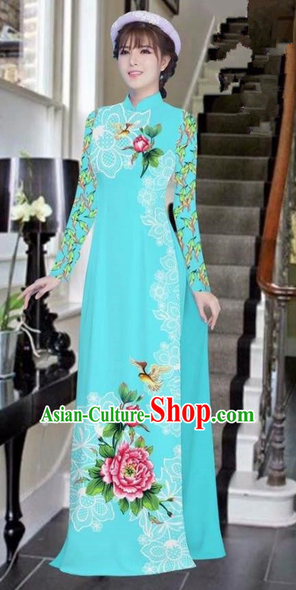 Asian Vietnam National Costume Vietnamese Bride Trational Dress Printing Peony Blue Ao Dai Cheongsam for Women