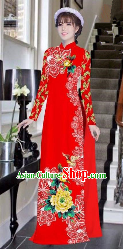 Asian Vietnam National Costume Vietnamese Bride Trational Dress Printing Peony Red Ao Dai Cheongsam for Women