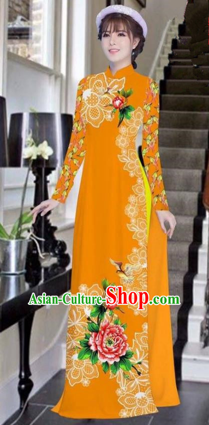 Asian Vietnam National Costume Vietnamese Bride Trational Dress Printing Peony Orange Ao Dai Cheongsam for Women