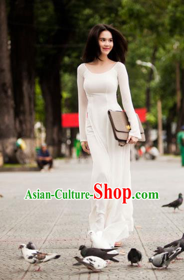 Asian Vietnam Palace Costume Vietnamese Trational Dress White Ao Dai Cheongsam Clothing for Women