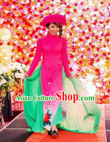 Asian Vietnam Costume Vietnamese Bride Trational Stage Performance Rosy Ao Dai Cheongsam Dress for Women