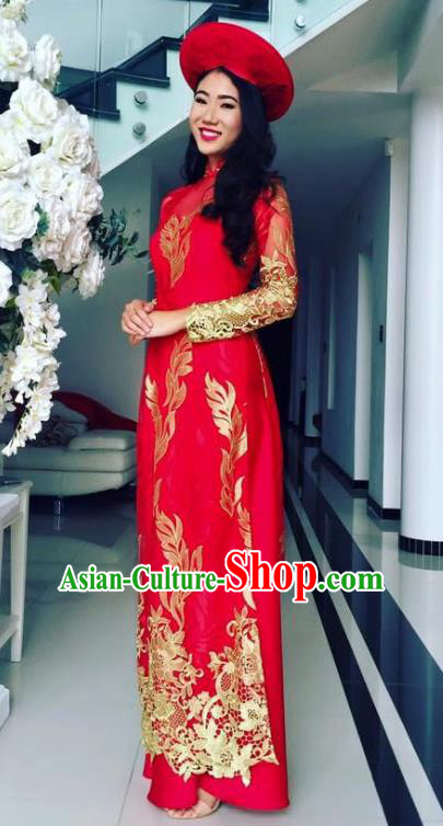 Asian Vietnam Costume Vietnamese Bride Trational Red Embroidered Ao Dai Cheongsam Dress and Hats for Women