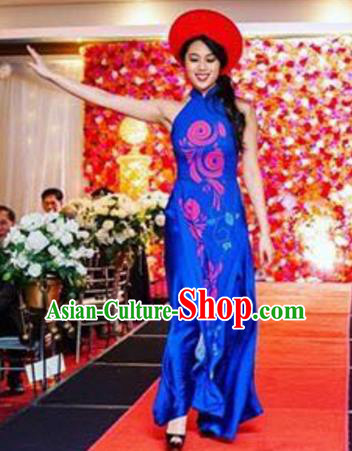 Asian Vietnam Costume Vietnamese Bride Trational Stage Performance Royalblue Ao Dai Cheongsam Dress for Women