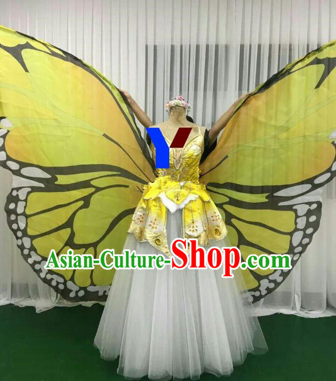 Professional Modern Dance Stage Performance Dress Halloween Costume and Yellow Butterfly Wings for Women