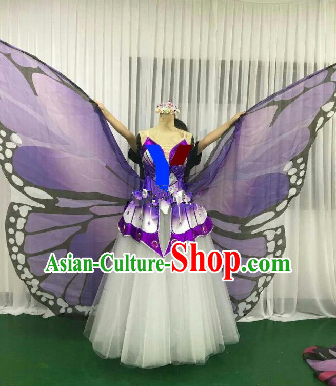 Professional Modern Dance Stage Performance Dress Halloween Costume and Purple Butterfly Wings for Women