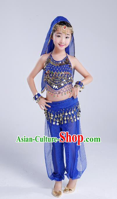 Traditional India Dance Royalblue Costume, Asian Indian Belly Dance Paillette Clothing for Kids