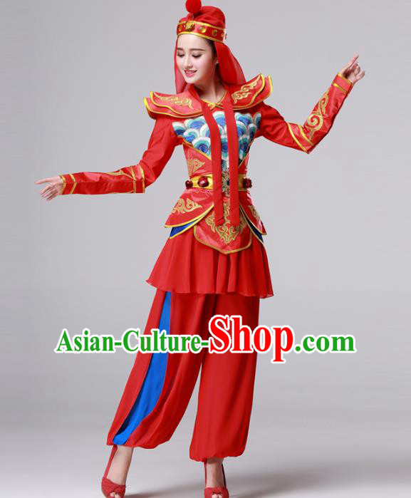 Traditional Chinese Yangge Fan Dance Costume, Folk Yangko Dance Drum Dance Red Clothing for Women