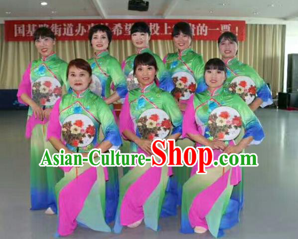 Traditional Chinese Yangge Fan Dance Costume, Folk Yangko Dance Drum Dance Green Clothing for Women