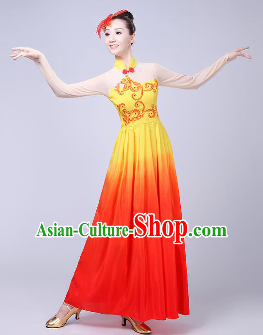 Traditional Chinese Yangge Fan Dance Costume, Folk Yangko Dance Classical Lotus Dance Orange Dress for Women