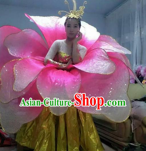 Professional Modern Dance Stage Performance Lotus Dance Dress Pink Flowers Costume for Women