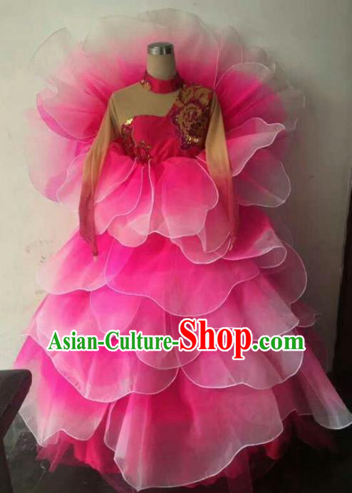 Professional Modern Dance Stage Performance Lotus Dance Embroidered Dress Pink Flowers Costume for Women