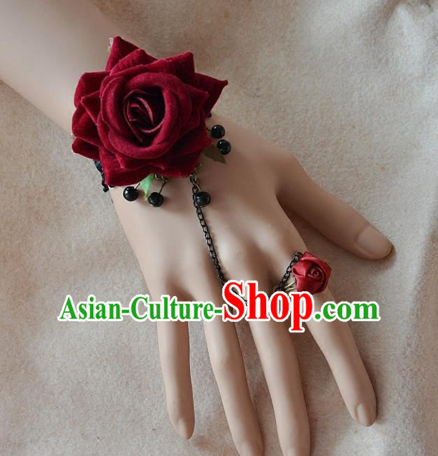 European Western Bride Wrist Flowers Vintage Renaissance Wine Red Rose Bracelet with Ring for Women