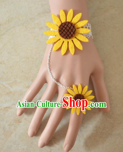 European Western Bride Wrist Accessories Vintage Renaissance Yellow Sunflower Bracelet with Ring for Women