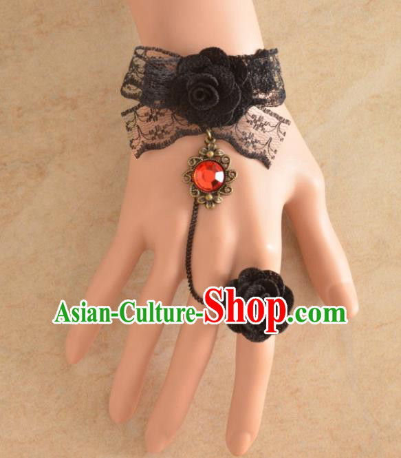 European Western Bride Wrist Accessories Vintage Renaissance Black Bowknot Bracelet with Ring for Women