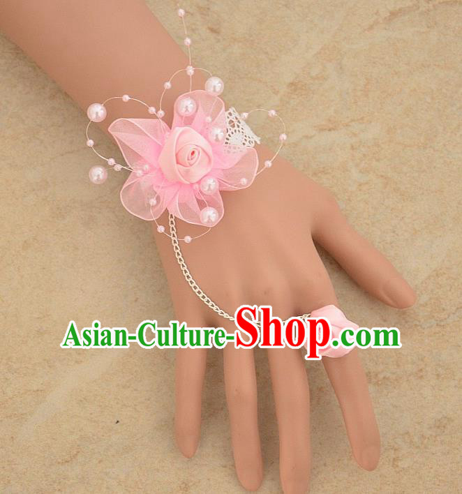 European Western Bride Vintage Jewelry Accessories Renaissance Pink Flower Bracelet with Ring for Women