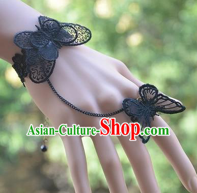 European Western Bride Vintage Jewelry Accessories Renaissance Black Lace Butterfly Bracelet with Ring for Women