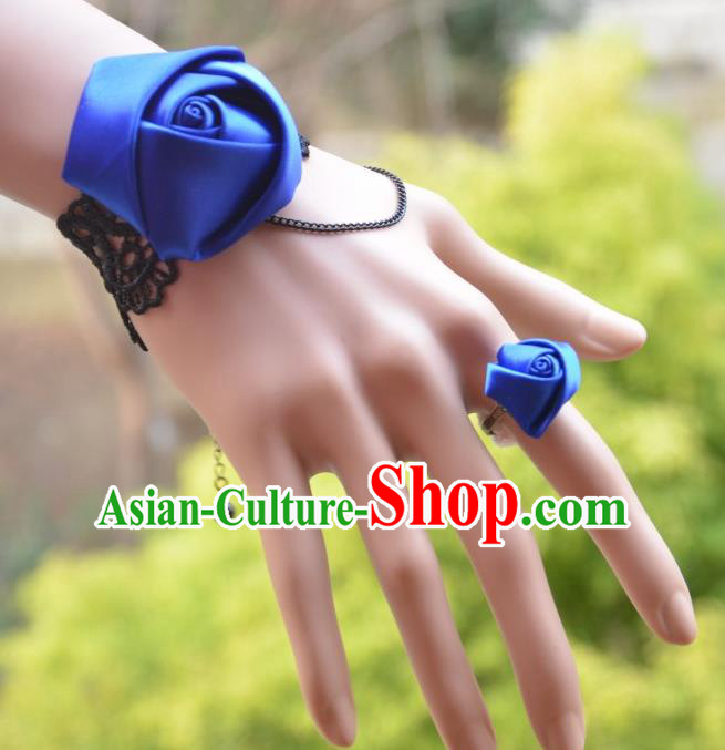 European Western Bride Vintage Jewelry Accessories Renaissance Blue Satin Bracelet and Ring for Women