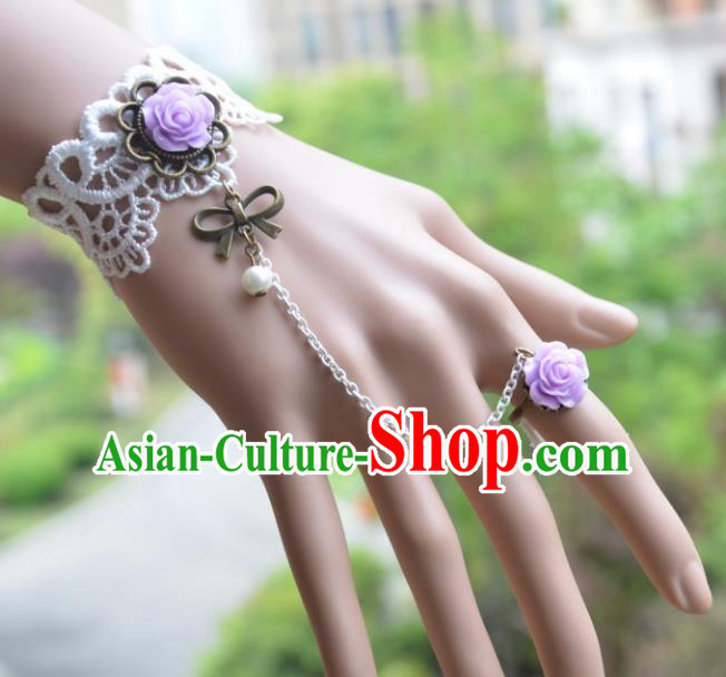 European Western Bride Vintage Jewelry Accessories Renaissance Purple Rose Bracelet with Ring for Women