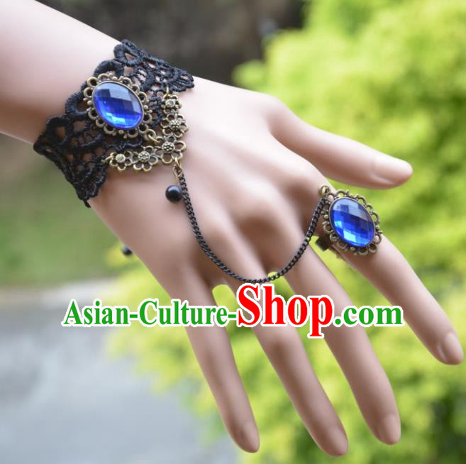 European Western Bride Vintage Accessories Renaissance Blue Crystal Lace Bracelet with Ring for Women