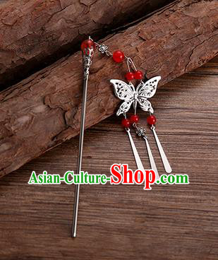 Handmade Chinese Ancient Princess Hair Accessories Red Beads Butterfly Hairpins for Women