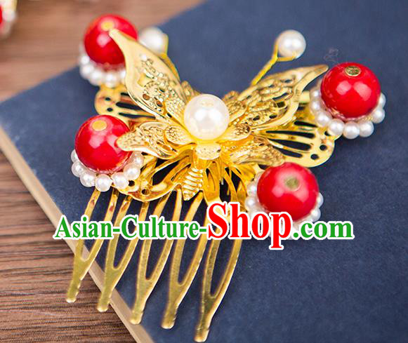 Handmade Chinese Ancient Palace Lady Hair Accessories Hanfu Red Beads Butterfly Hair Comb for Women