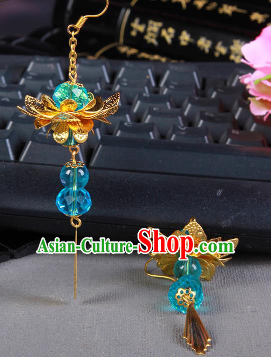 Handmade Chinese Ancient Palace Lady Accessories Hanfu Blue Beads Lotus Earrings for Women