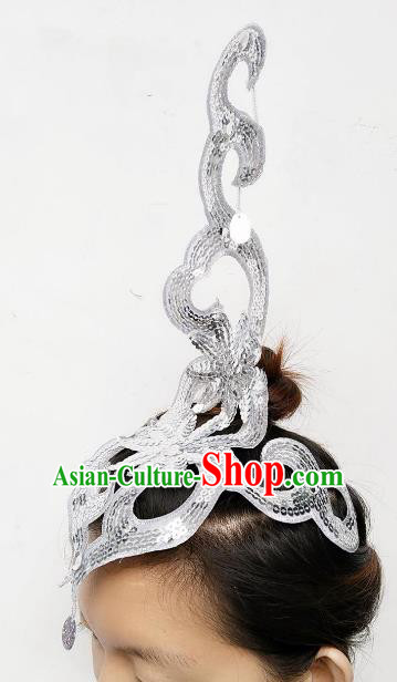 Chinese Classical Dance Yangge Folk Fan Dance Hair Accessories Yangko White Paillette Headwear for Women