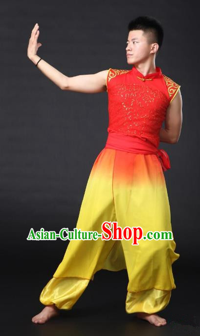 Traditional Chinese Waist Drum Dance Yellow Costume, China Folk Dance Yangko Clothing for Men