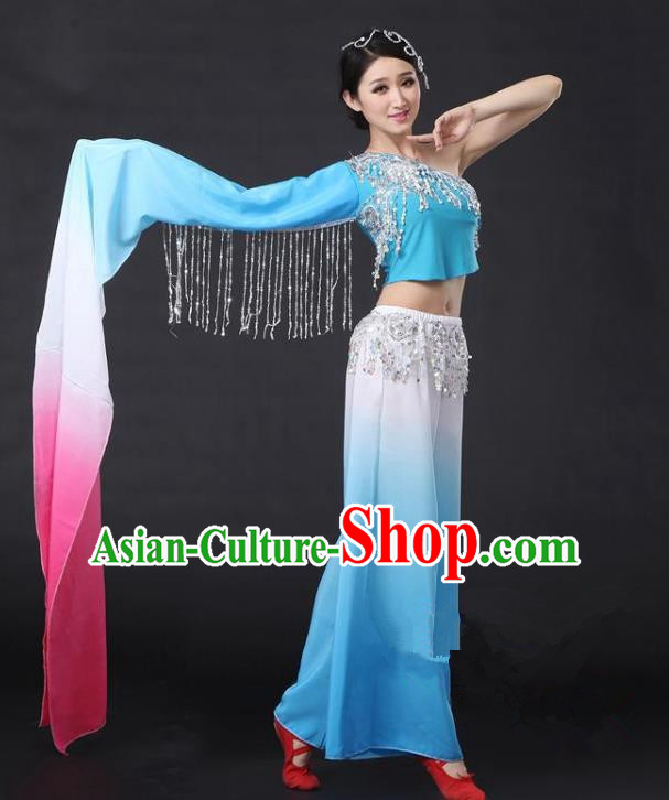 Traditional Chinese Yangge Folk Dance Water Sleeve Costume, China Yanko Dance Blue Clothing for Women