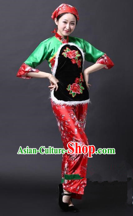 Traditional Chinese Yangge Folk Drum Dance Costume, China Yanko Dance Green Clothing for Women