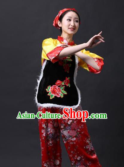 Traditional Chinese Yangge Folk Drum Dance Costume, China Yanko Dance Yellow Clothing for Women
