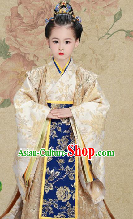 Traditional Chinese Han Dynasty Imperial Empress Trailing Embroidered Costume and Headpiece for Kids